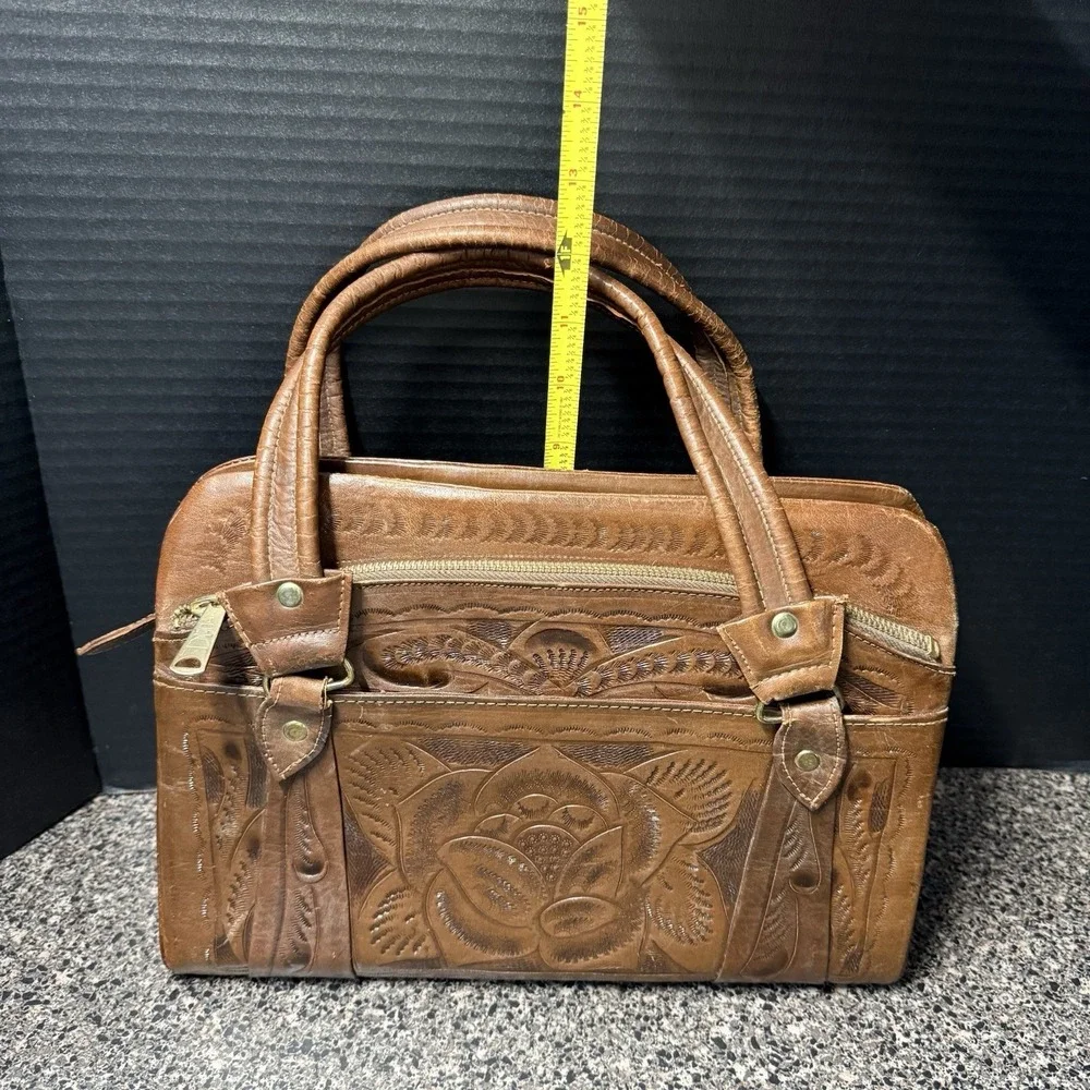 Vintage 80s Flores Bags Genuine‎ Leather Hand Tooled Satchel Purse Goat Mexico